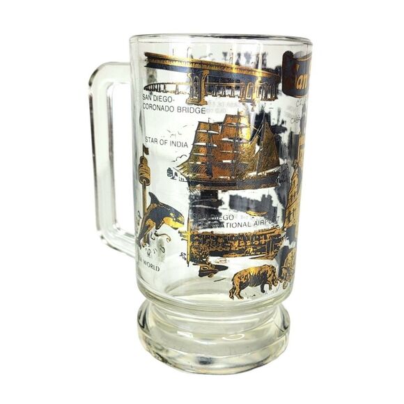 Vintage SAN DIEGO MCM Black 22 Kt Gold Souvenir Heavy Bottom Glass Beer Mug - Picture 6 of 13